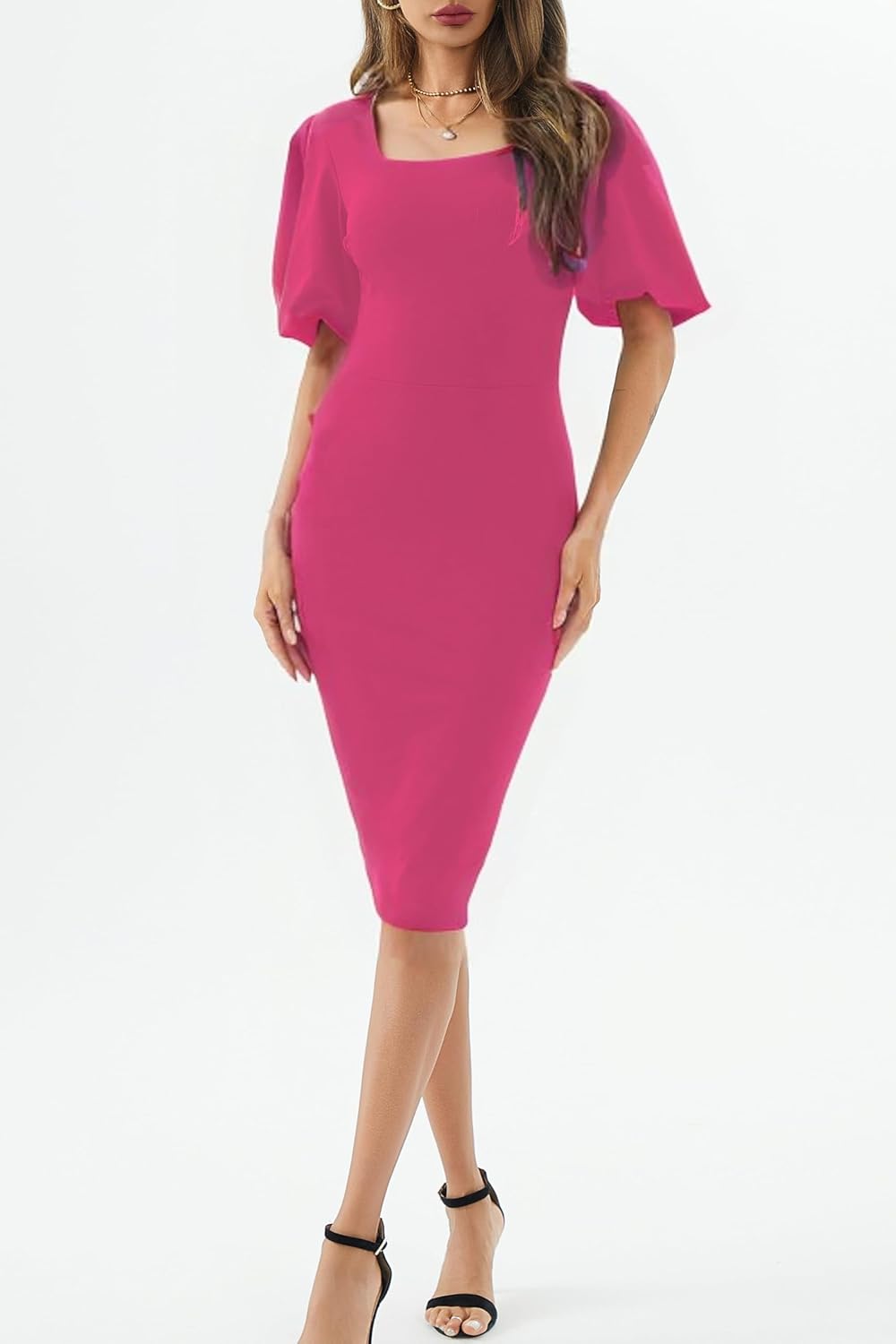 Womens Summer Dresses Square Neck Lantern Sleeve Bodycon Pencil Midi Dress