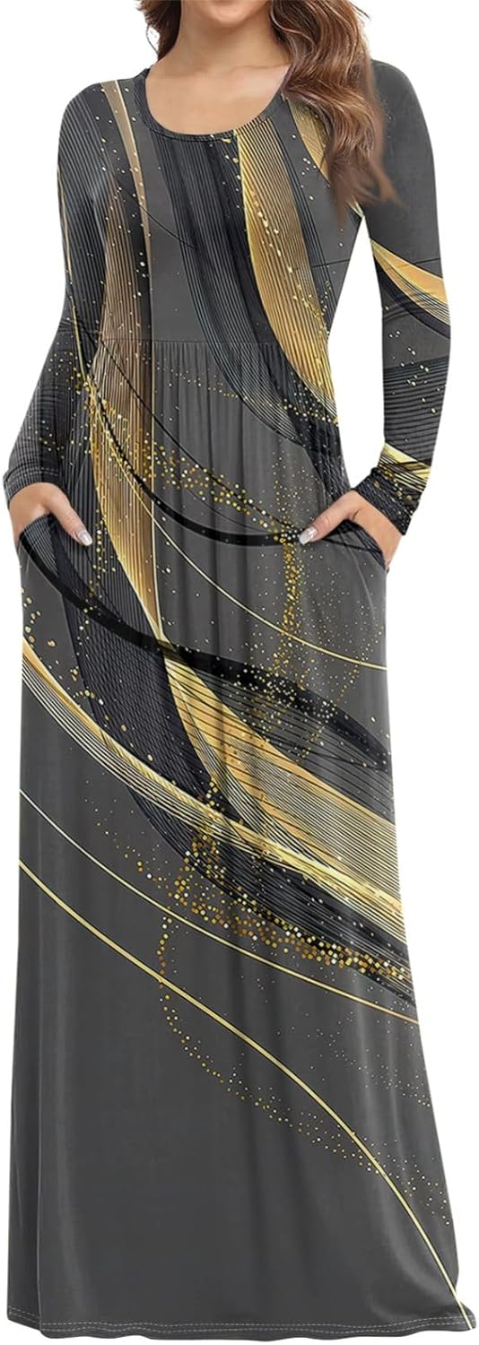 Long Sleeve Maxi Dress for Women Elegant Crew Neck Flowy Swing Dresses Solid Color Wedding Guest Dresses