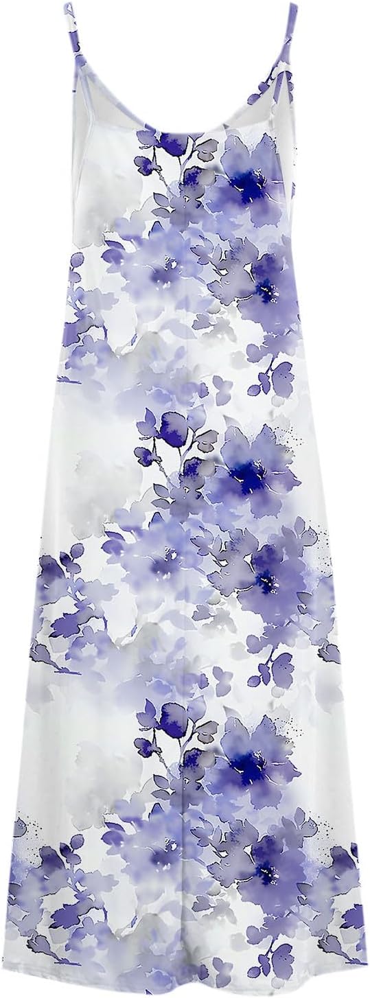 Womens Floral Maxi Dresses Spaghetti Strap Casual Summer Long Dress Vneck Flowy Boho Beach Sundress Vacation Outfits