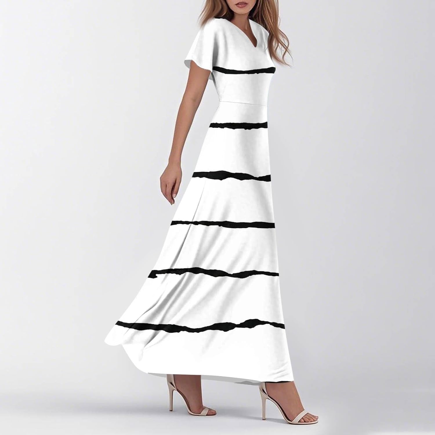 Womens Fashion V Neck Ruffle Short Sleeve Maxi Dress 2025 Summer Elegant Solid Color Flowy A Line Dresses