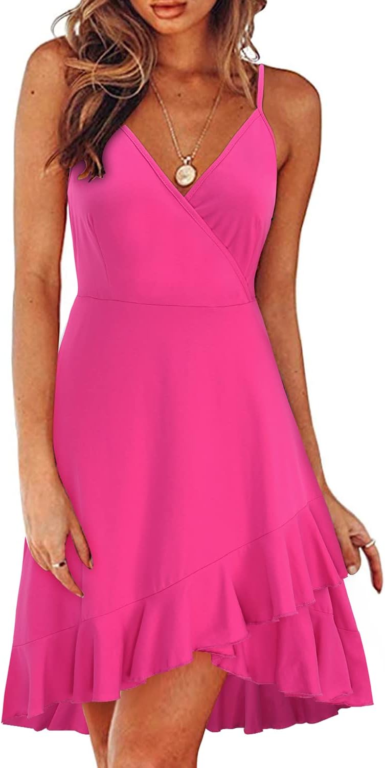 ULTRANICE Womens Summer Dresses Floral V Neck Ruffled Hem Spaghetti Spring Casual Beach Outfits Flowy Wrap Sun Dress