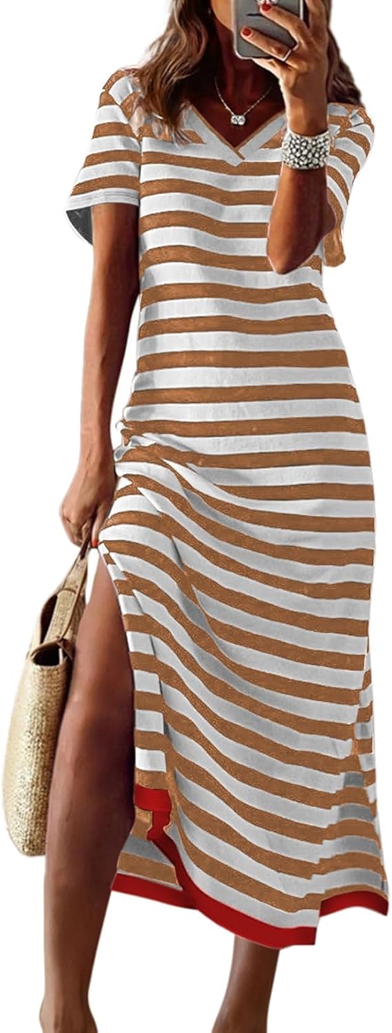 Dokotoo Summer Dress Casual Womens Fashion Short Sleeve Maxi Dress T Shirt Dress Striped Long Color Block Maxi Dress