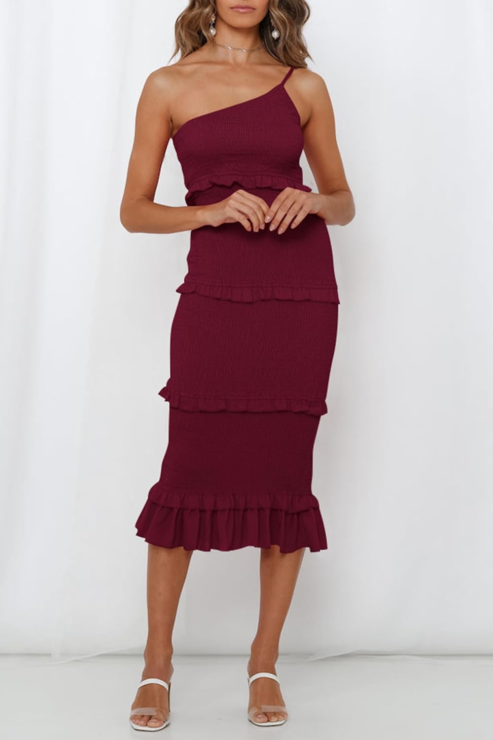 PRETTYGARDEN Women's Summer Midi Bodycon Dresses One Shoulder Strappy Tiered Ruffle Floral Boho Sun Dress