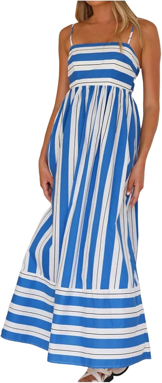 Beach Dresses for Women Summer Striped Back Smocked Maxi Dress Spaghetti Strap Cut Out Flowy A Line Long Sundresses