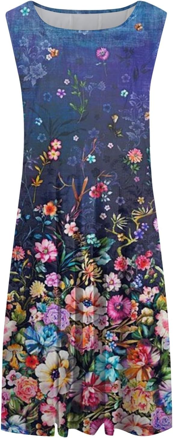Womens Tank Sundress 2025 Casual Floral Print Tshirt Dress Swing Sleeveless Midi Dress Crewneck Pleated Summer Dresses