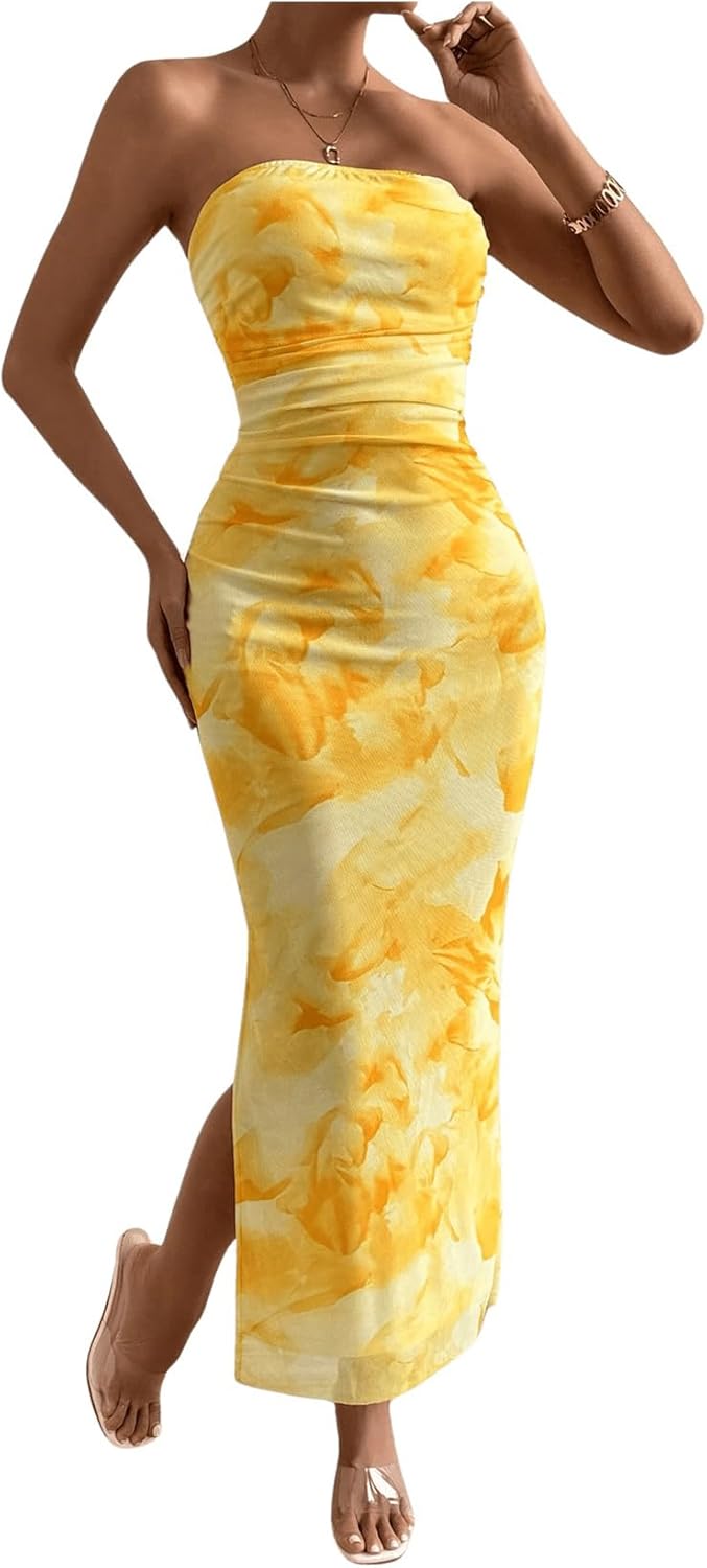 Milumia Women's Printed Strapless Tube Top Long Dress Slit Hem Sleeveless Bodycon Maxi Dresses