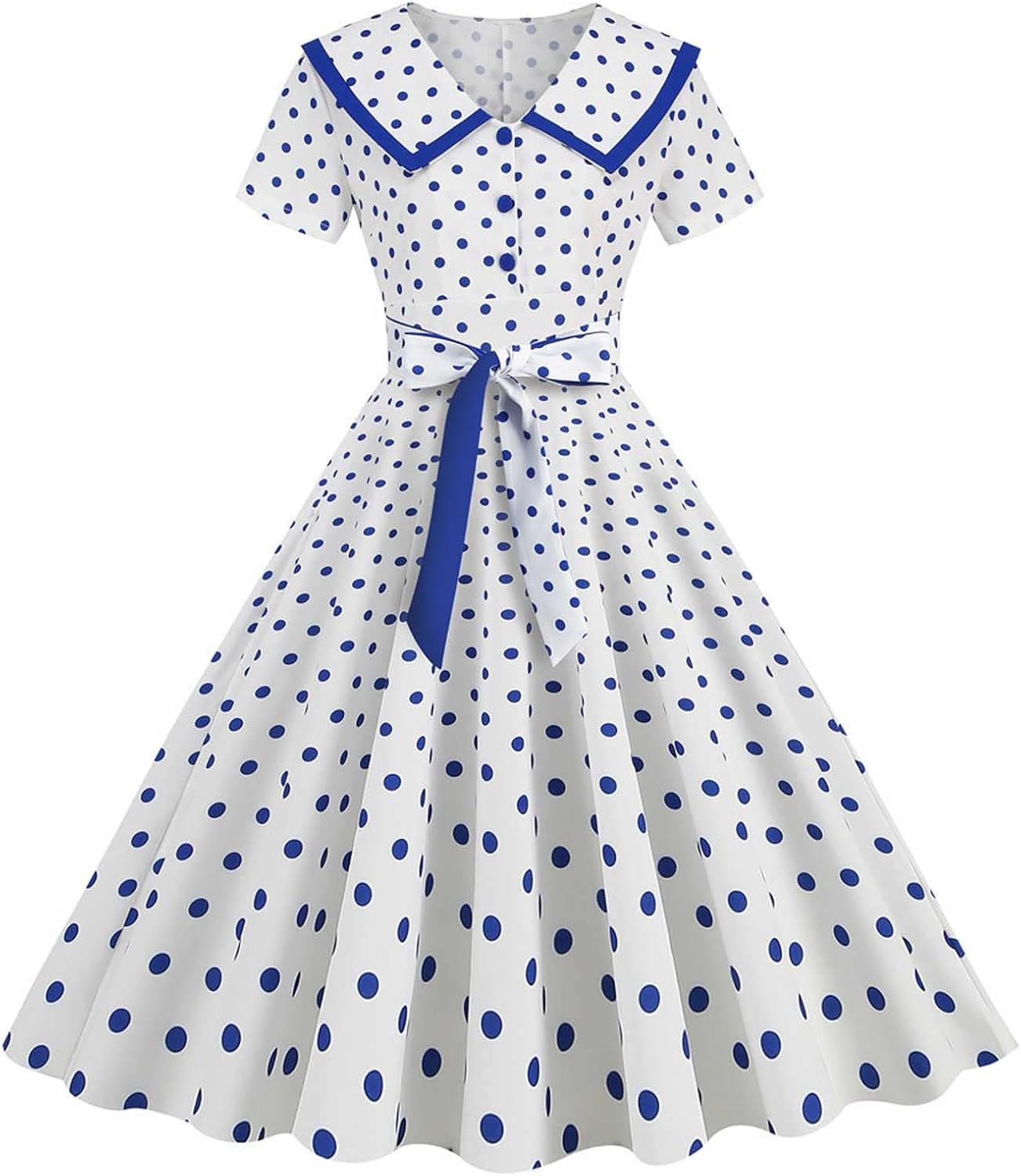 Women's Lapel Rockabilly Dress Cute Polka Dot Print Audrey Dress Button Down Vintage Cocktail Dress 1950s Fairy Dress
