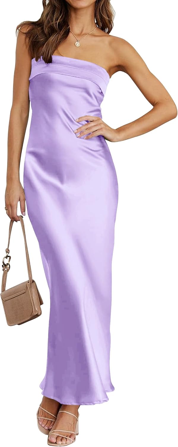 MEROKEETY Women 2025 Summer Strapless Satin Tube Bodycon Backless Wedding Guest Maxi Dress