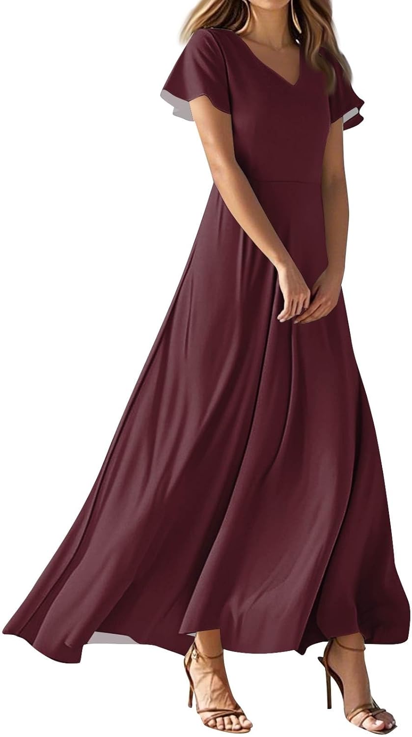 Womens Fashion V Neck Ruffle Short Sleeve Maxi Dress 2025 Summer Elegant Solid Color Flowy A Line Dresses
