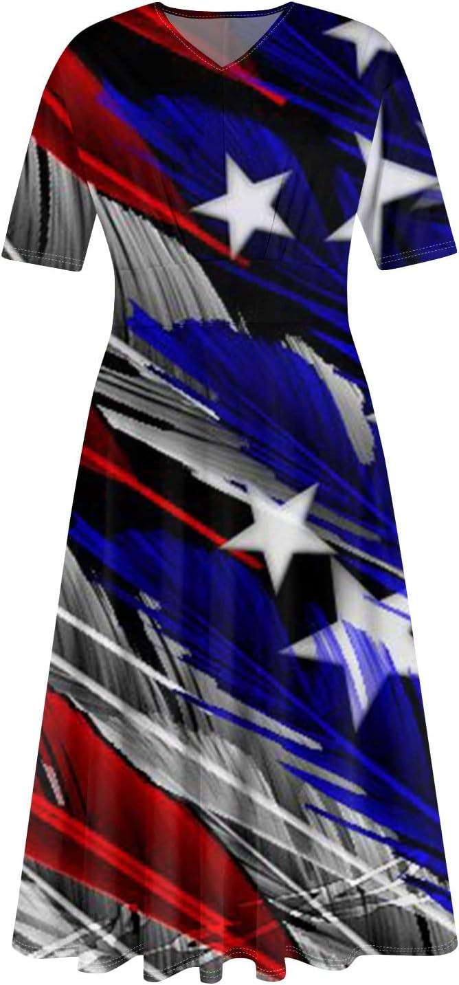 Women's Patriotic Star Print Midi Short Sleeve V-Neck Casual A-Line Dress for Summer Parties & Events