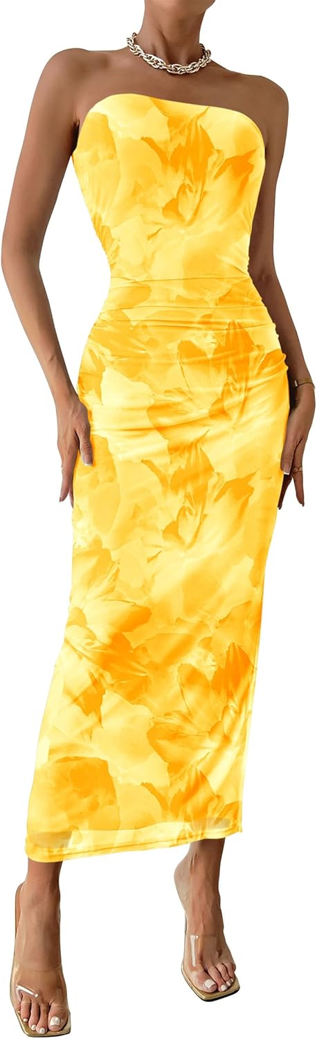PRETTYGARDEN Women's Summer Maxi Bodycon Dresses Strapless Tube Top Printed Long Party Club Slit Dress