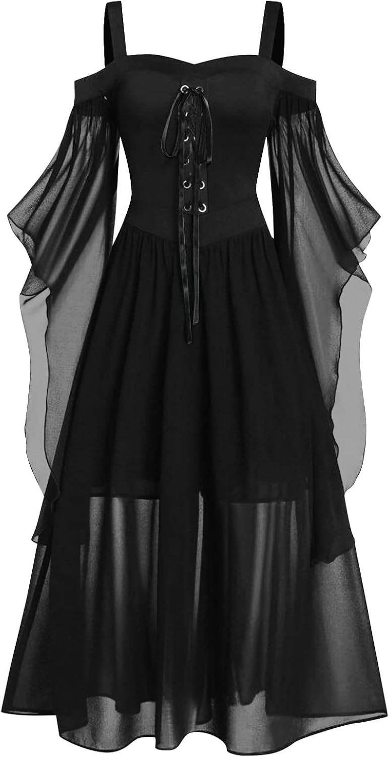 Women Casual Cold Shoulder Dress Solid Color Lace Butterfly Sleeve Halloween Retro Cocktail Party Gothic Prom Dress