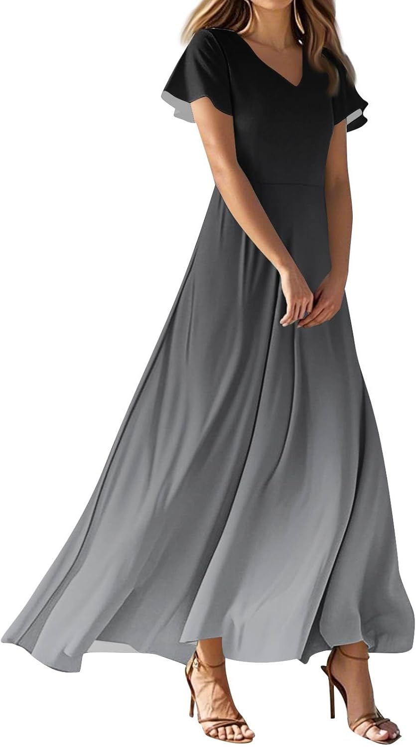 Womens Fashion V Neck Ruffle Short Sleeve Maxi Dress 2025 Summer Elegant Solid Color Flowy A Line Dresses