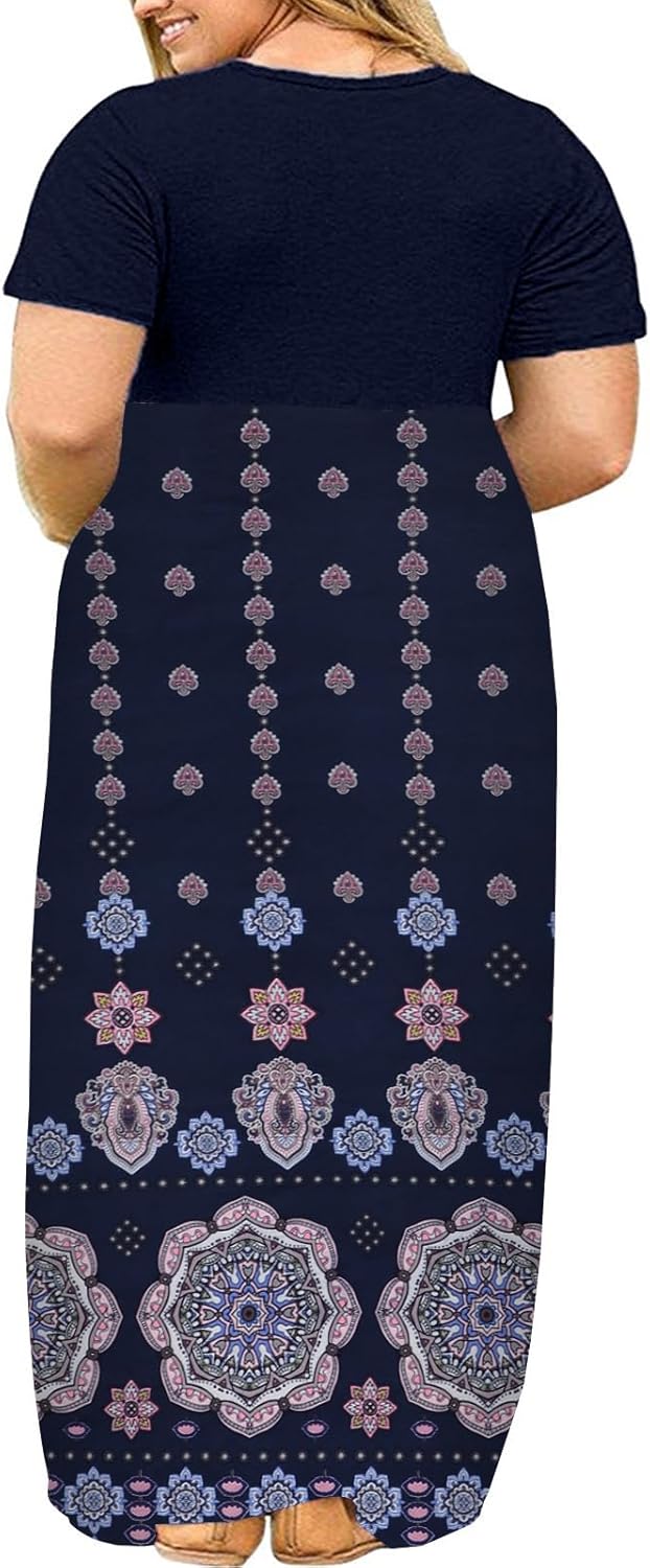 Kancystore Women's Short Sleeve Plus Size Maxi Dress with Pockets Loose Casual Summer Dresses
