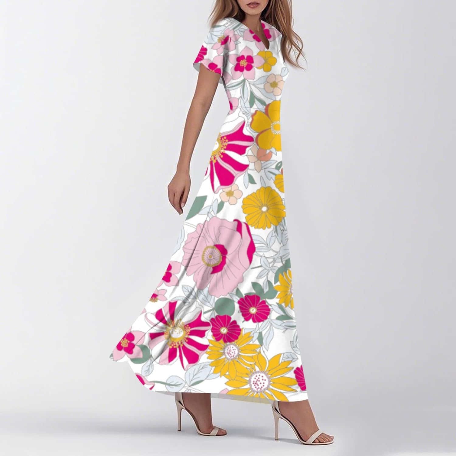 Womens Fashion V Neck Ruffle Short Sleeve Maxi Dress 2025 Summer Elegant Solid Color Flowy A Line Dresses