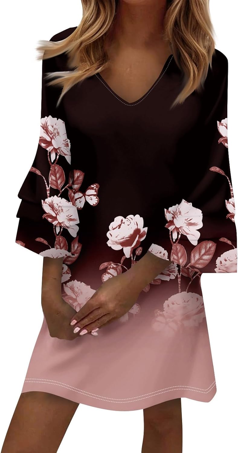 Beach Dresses for Women,2025 Summer Trendy Floral Print Boho Dress,Casual Loose V Neck Bell 3/4 Sleeve Mini Dress
