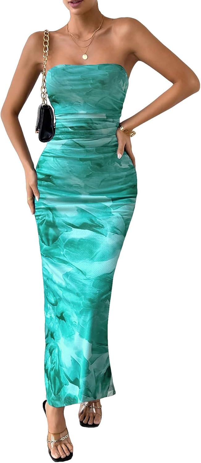 Milumia Women's Printed Strapless Tube Top Long Dress Slit Hem Sleeveless Bodycon Maxi Dresses