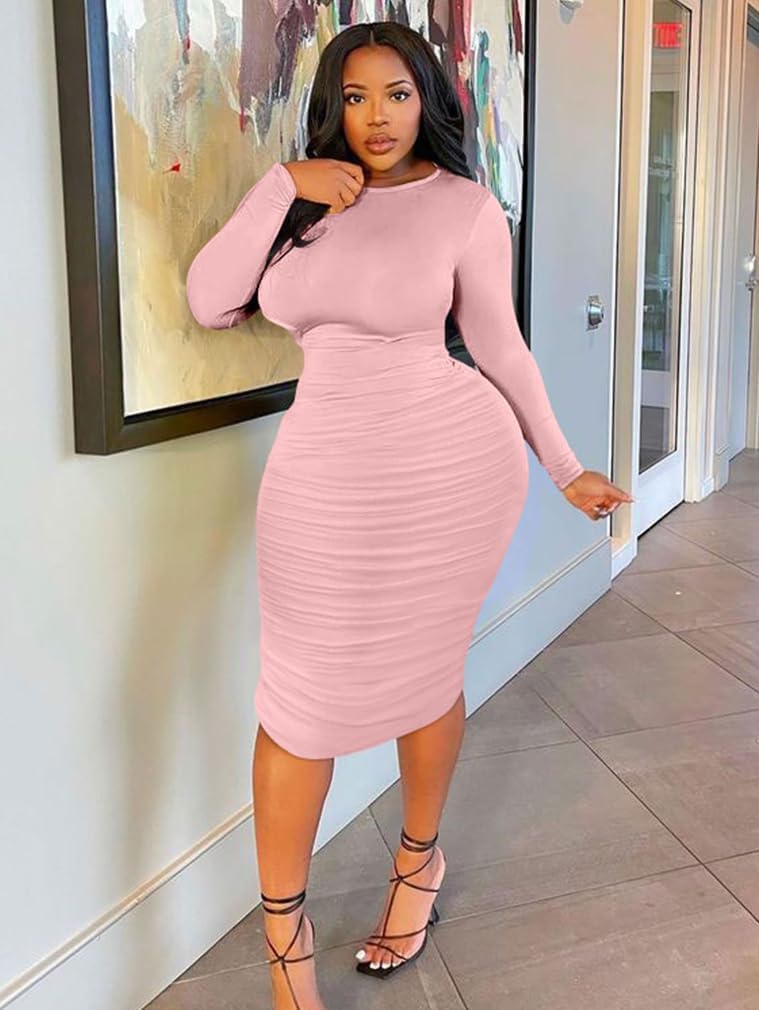 BEAGIMEG Women's Ruched Long Sleeve Elegant Bodycon Basic Casual Midi Dress