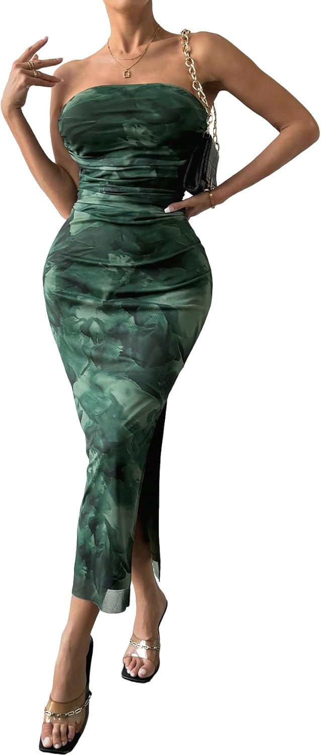 Milumia Women's Printed Strapless Tube Top Long Dress Slit Hem Sleeveless Bodycon Maxi Dresses