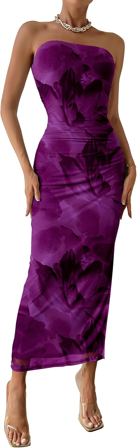 PRETTYGARDEN Women's Summer Maxi Bodycon Dresses Strapless Tube Top Printed Long Party Club Slit Dress
