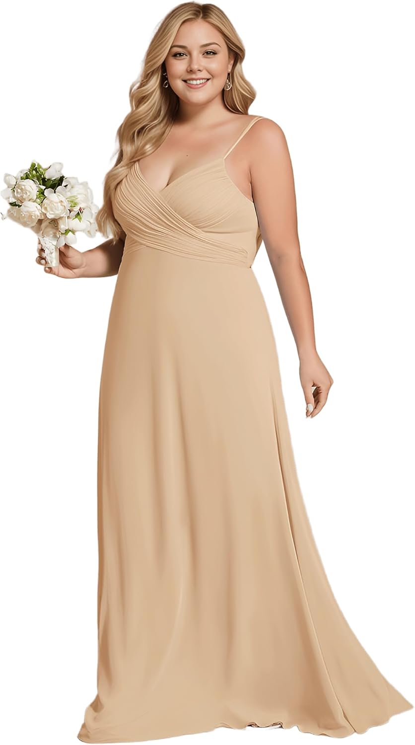 Ever-Pretty Women's Summer Chiffon Pleated Plus Size Bridesmaid Dresses Sleeveless Formal Gown with Spaghetti Straps