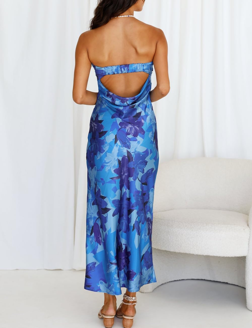 Realtix Satin Silk Backless Tube Tops Maxi Dress for Women Low Back Hollow Out Elegant Strapless Long Dresses Wedding Guest