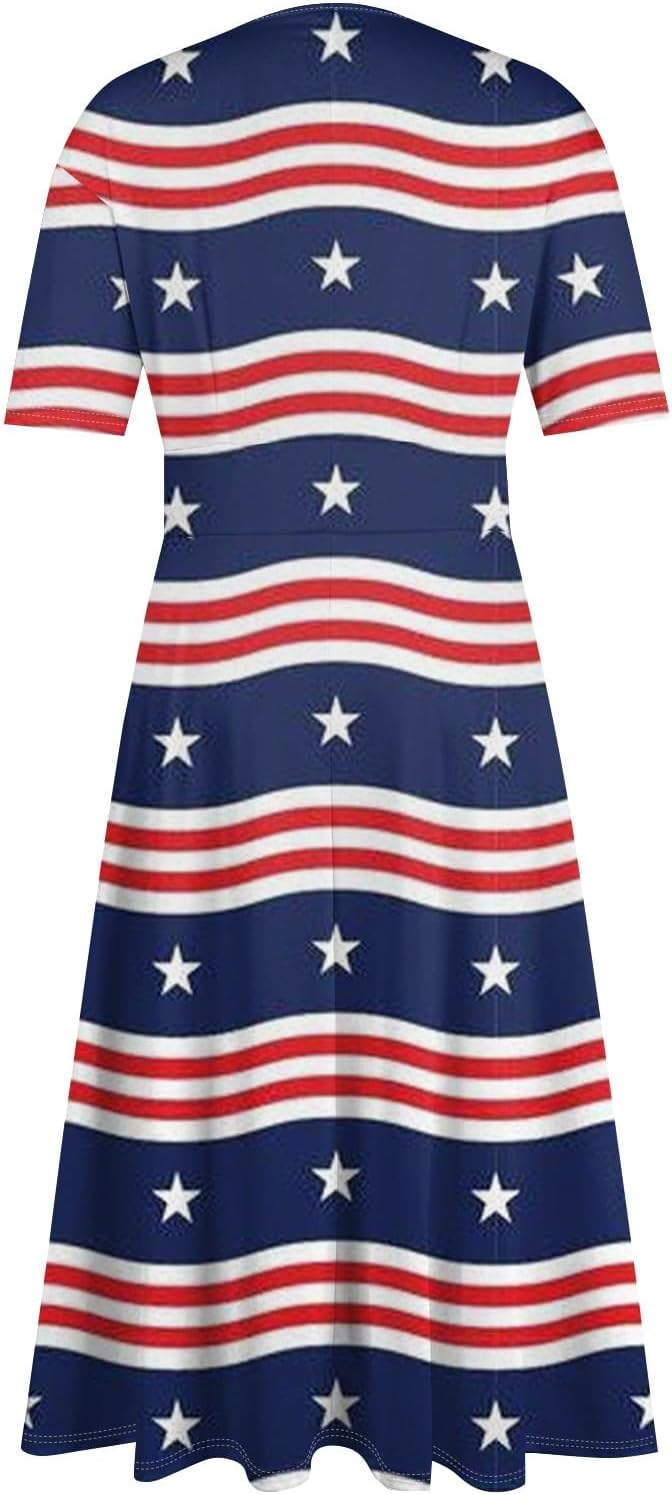 Women's Patriotic Star Print Midi Short Sleeve V-Neck Casual A-Line Dress for Summer Parties & Events