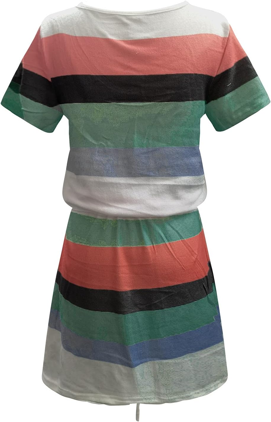 Women Summer Casual Striped Dress Drawstring Waist Tie Knot Mini Dresses Short Sleeve V Neck Tank Dress with Pocket