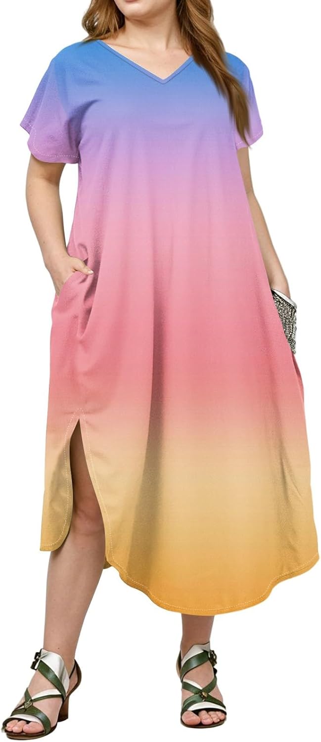 Maxi Dresses for Women 2025 Plus Size Tie Dye V Neck Dress Short Sleeve Side Split Beach Summer Sundress with Pocket