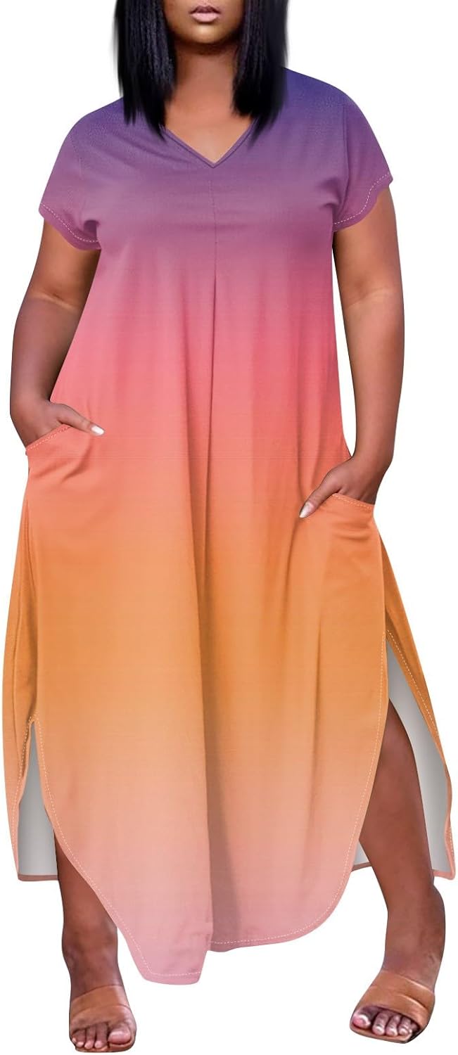Maxi Dresses for Women 2025 Plus Size Tie Dye V Neck Dress Short Sleeve Side Split Beach Summer Sundress with Pocket