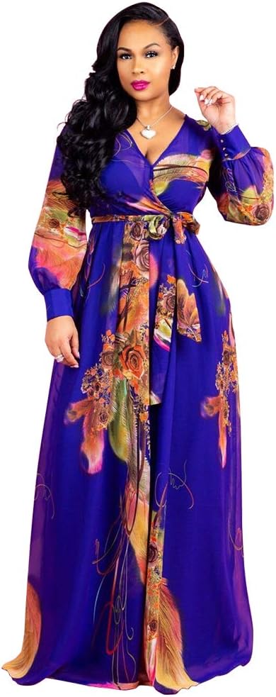 Nuofengkudu Womens Chiffon Deep V-Neck Stripe Printed Maxi Dress Unique Loose Summer Boho Dresses High Waiste(S-5XL)