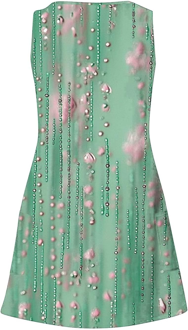 Womens 2025 Spring Summer Dresses Casual Floral Print V-Neck Tank Dress Curve Hem Pleated A-Line Sundresses