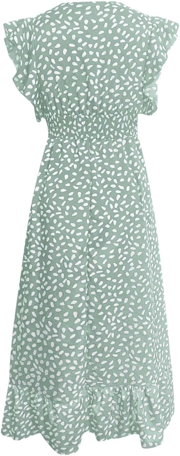 2024 Womens Summer Dresses Casual Boho Floral Ruffle Sleeve Midi Dresses Trendy Tie Waist V-Neck Sundress Beach Dress