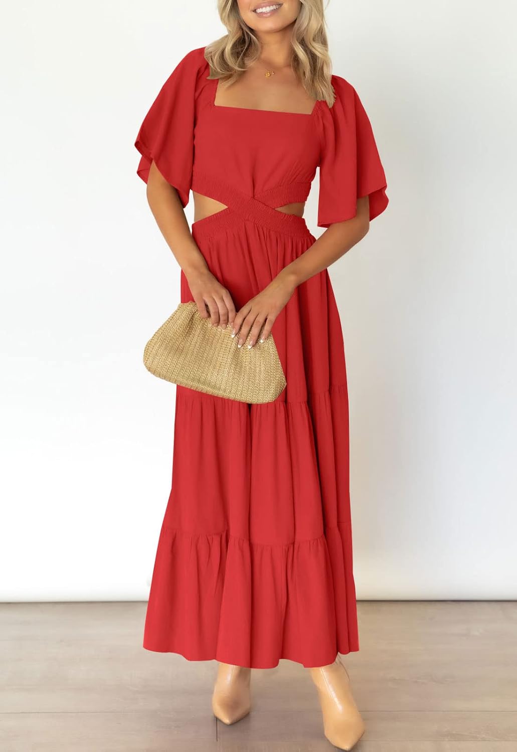 LEANI Women's 2025 Summer Cutout Maxi Dress Square Neck Short Sleeve Crossover Waist Casual Party Dresses
