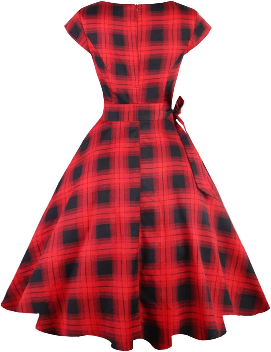 PUKAVT Women's 1950 Boatneck Cap Sleeve Vintage Swing Cocktail Party Dress with Pockets