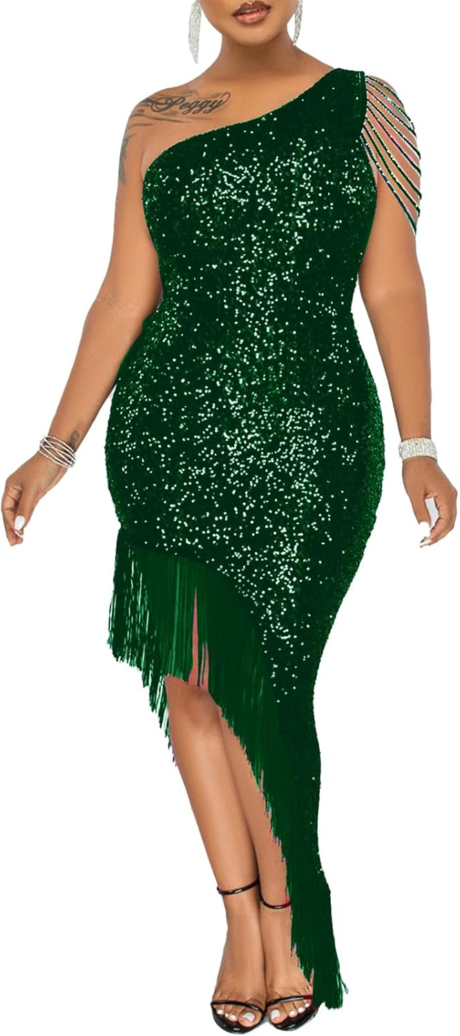 Cololura Women Sequin Elegant Sexy Tassels One Shoulder Mermaid Bodycon Cocktail Evening Midi Party Formal Dress