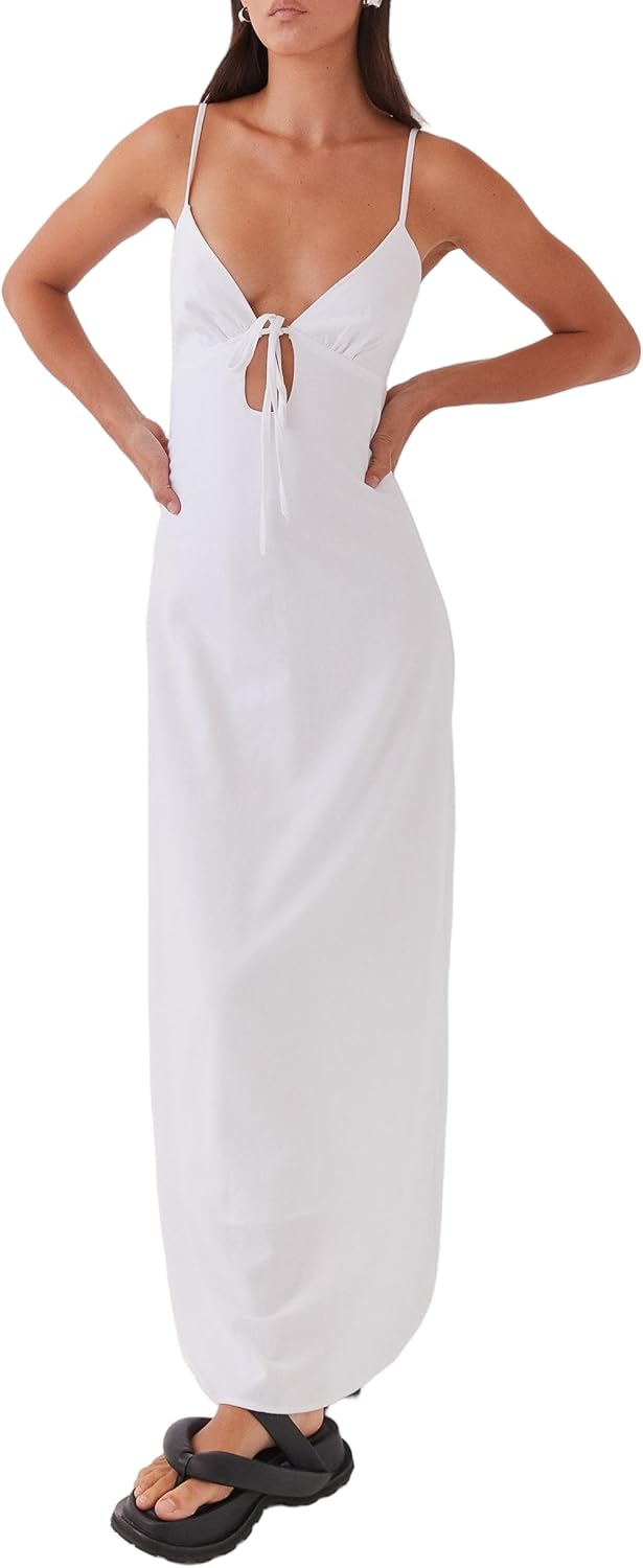 Luckinbaby Women Y2k Spaghetti Strap Maxi Dress V Neck Tie Front Cutout Long Cami Dress Backless Party Wedding Dress