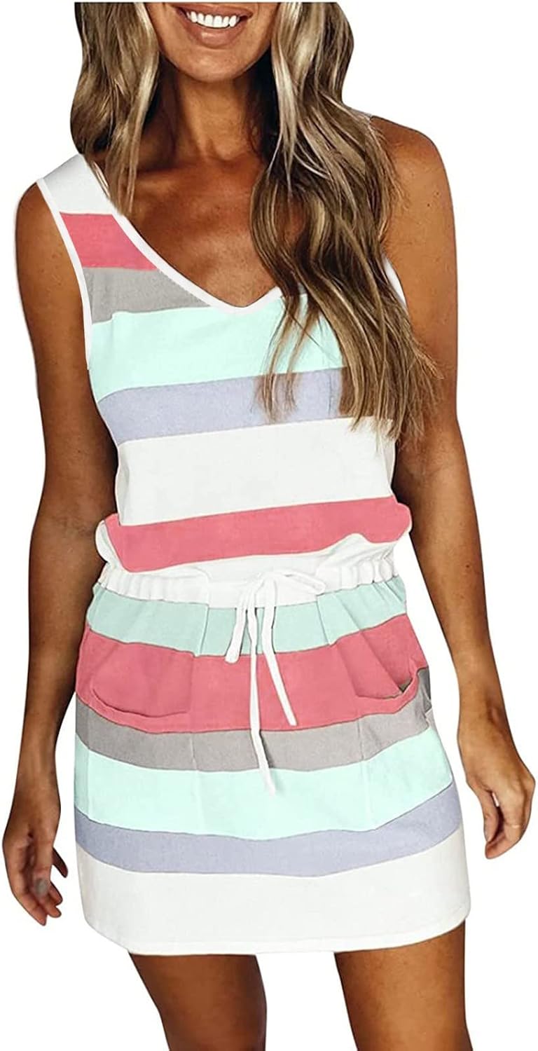 Women Summer Casual Striped Dress Drawstring Waist Tie Knot Mini Dresses Short Sleeve V Neck Tank Dress with Pocket