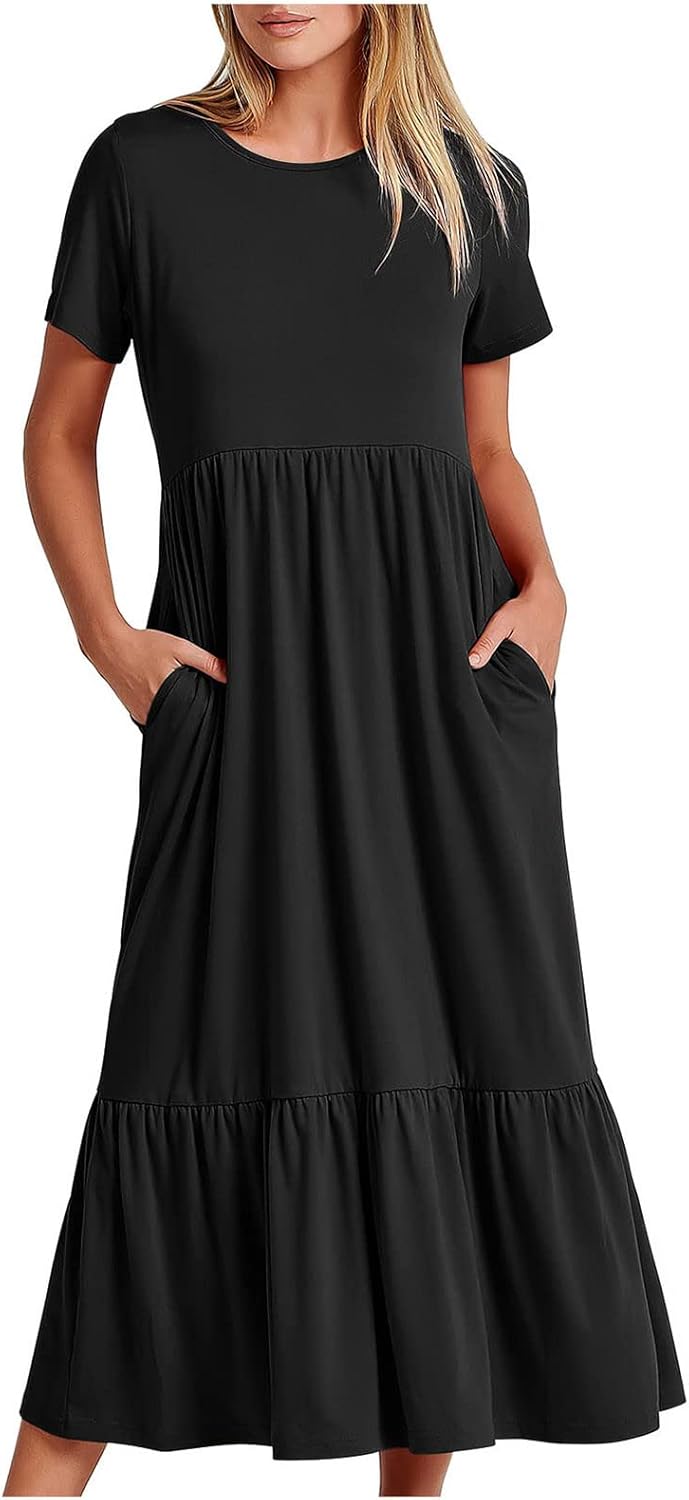 XUNRYAN Summer Dresses for Women 2024 Casual Calf Length Maxi Dress Pleated Flowy Tiered Swing Beach Sundress with Pockets