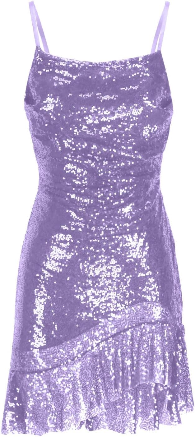 Binmer Women Sparkly Sequin Mini Dress Sexy Glitter Spaghetti Strap Backless Ruffle Hem Cami Short Mini Club Party Dresses