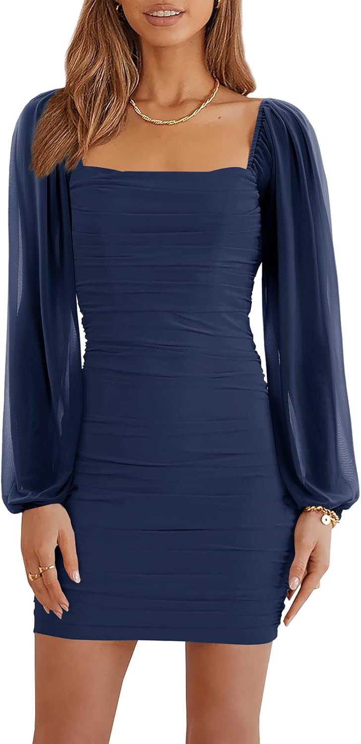 Wenrine Women's Mesh Long Sleeve Square Neck Ruched Party Club Cocktail Bodycon Mini Dress