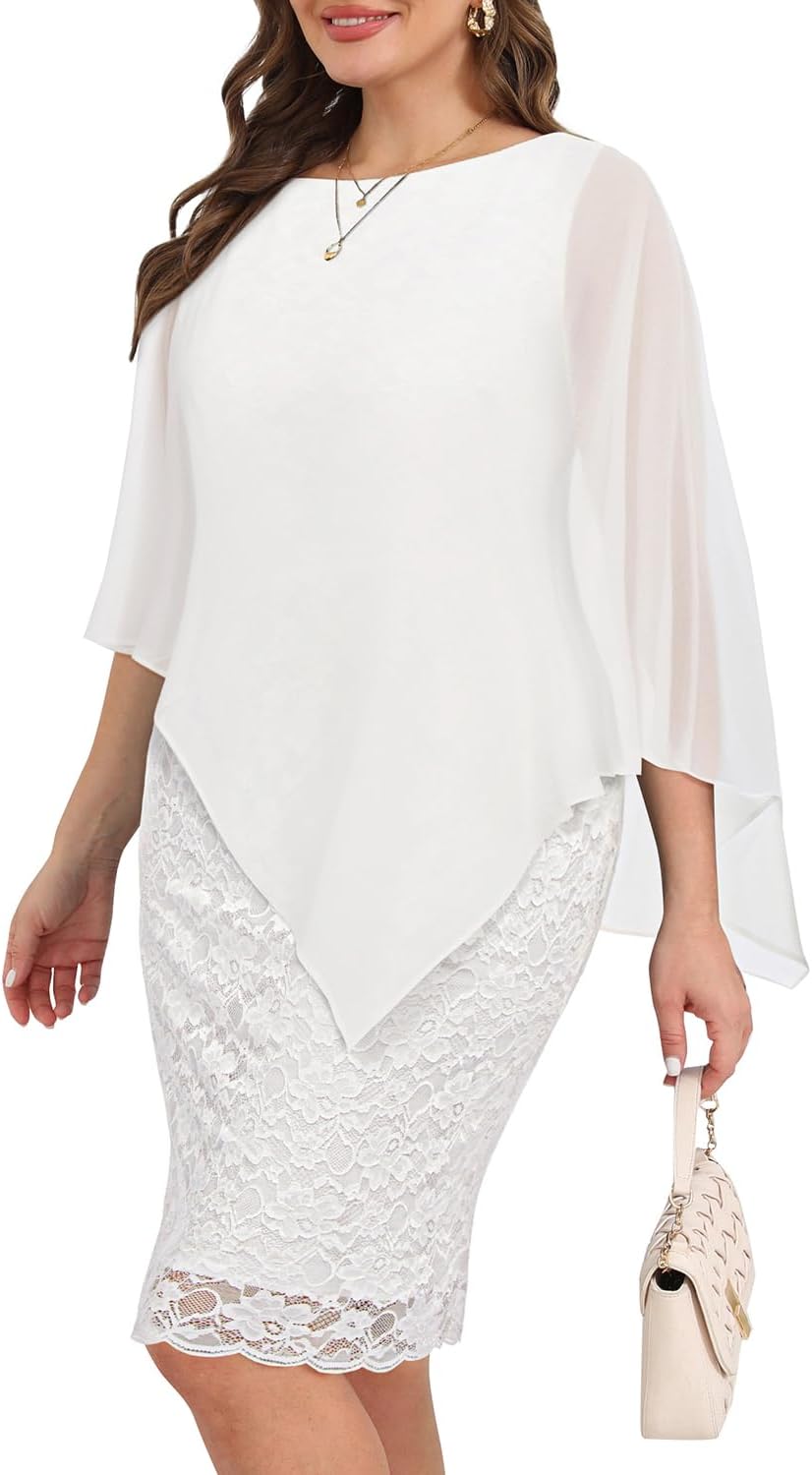 Plus Size Dresses Wedding Guest - Mother Bride Semi Formal Lace Cape with Chiffon Overlay Dresses