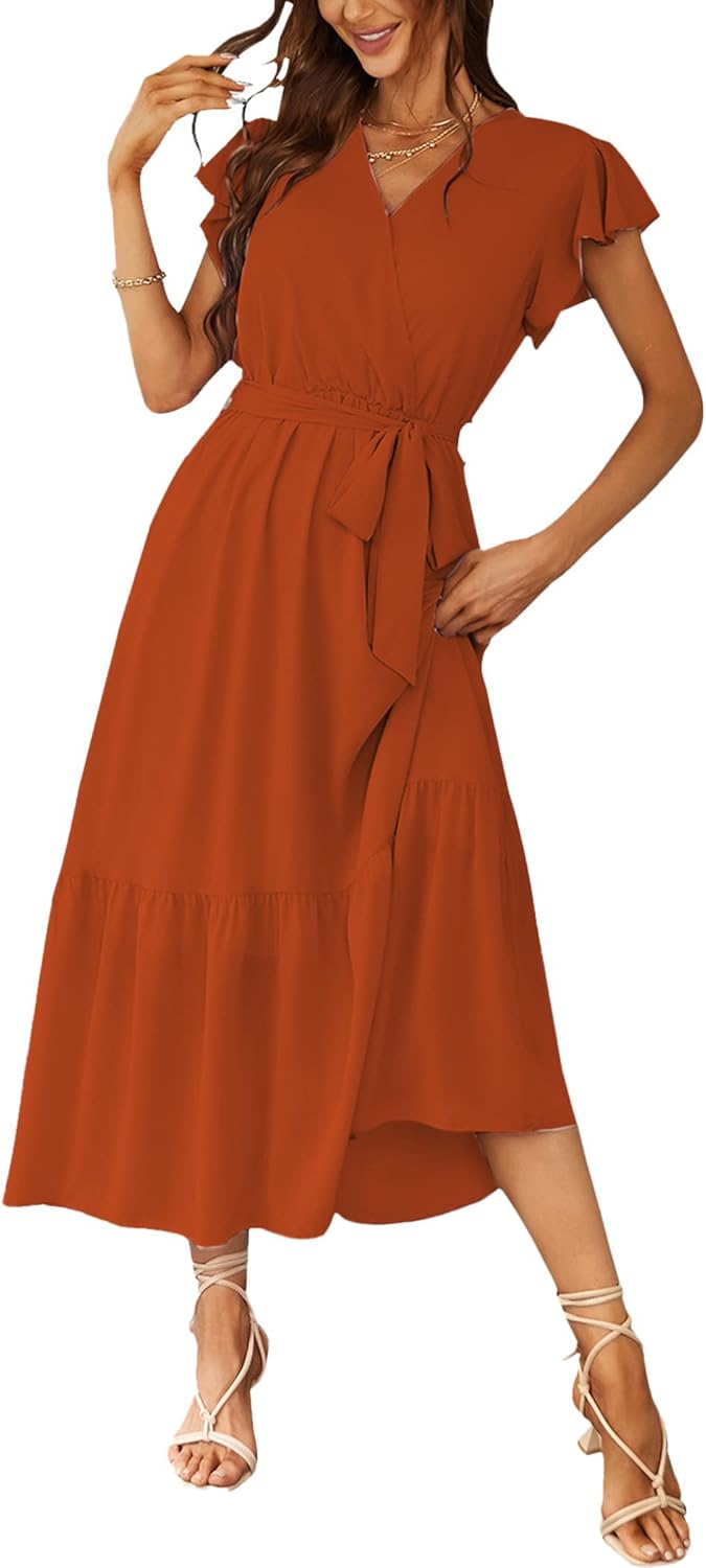 PRETTYGARDEN Women's Summer Floral Boho Dress Wrap V Neck Short Sleeve Ruffle A-Line Flowy Maxi Wedding Guest Dresses