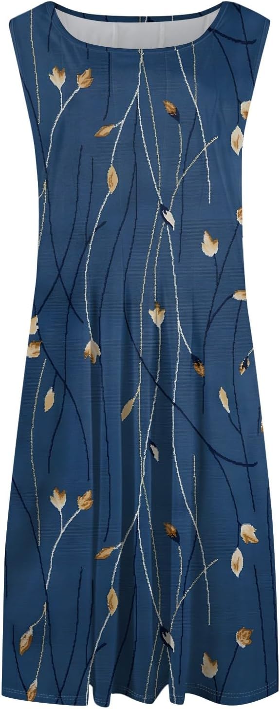Womens Tank Sundress 2025 Casual Floral Print Tshirt Dress Swing Sleeveless Midi Dress Crewneck Pleated Summer Dresses