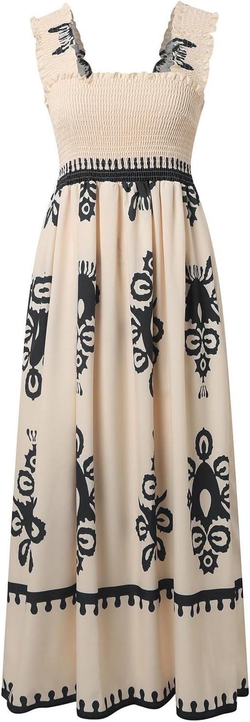 Women's Summer Dresses Sleeveless Casual Boho Maxi Long Dress Square Neck Smocked Floral Beach Vacation Sundresses 3