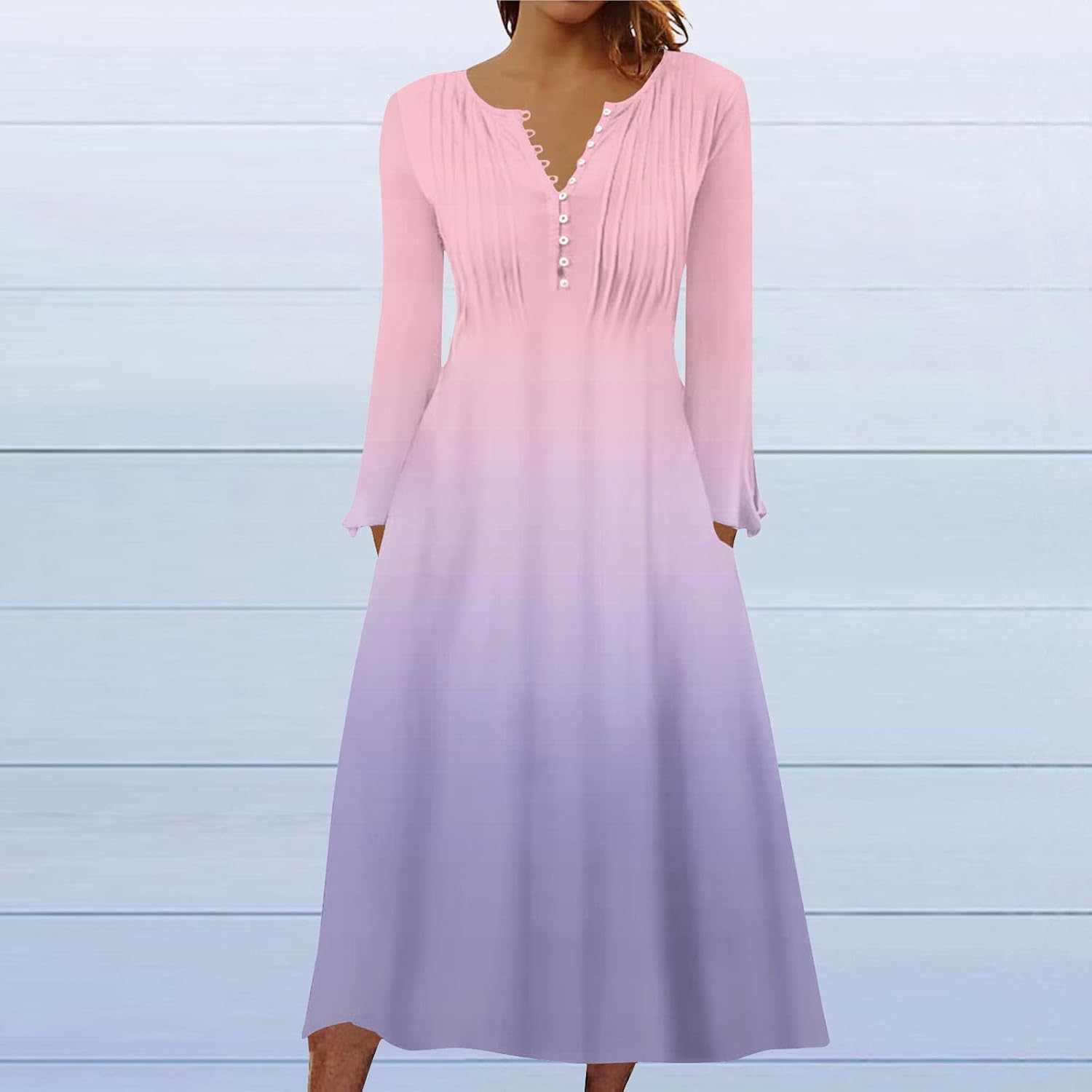 DOPOCQ Fall Women Dresses 2023 Long Sleeve V Neck Plus Size Maxi Dress Boho Dress High Waisted A-Line Dress with Pocket