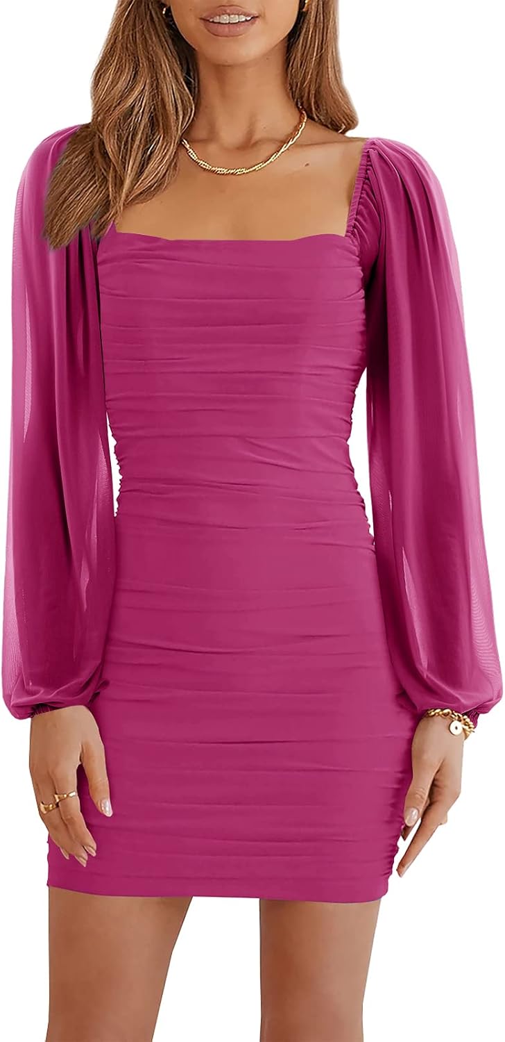 Wenrine Women's Mesh Long Sleeve Square Neck Ruched Party Club Cocktail Bodycon Mini Dress