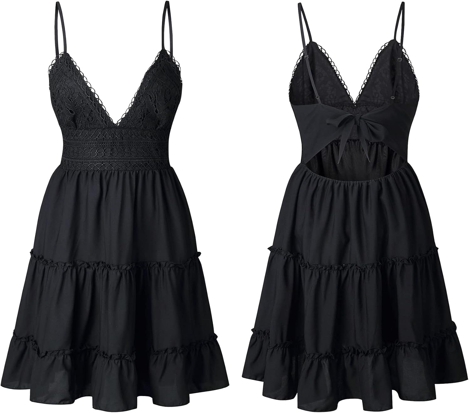 ECOWISH Summer Dresses for Women 2025 V-Neck Spaghetti Strap Bowknot Backless Sleeveless Lace Mini Swing Skater Dress