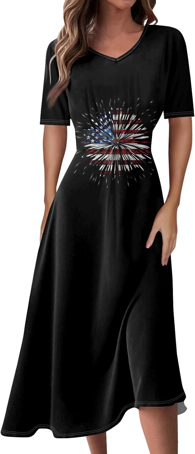 Women's Patriotic Star Print Midi Short Sleeve V-Neck Casual A-Line Dress for Summer Parties & Events