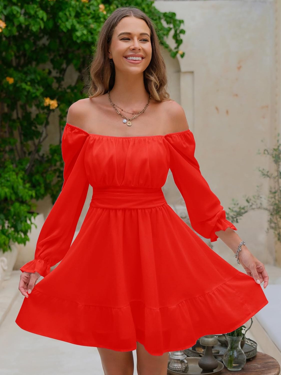 EXLURA Women's 2025 Casual Long Lantern Sleeve Dresses Square Neck Ruffle Tie Back Elastic Waist Aline Short Mini Dress